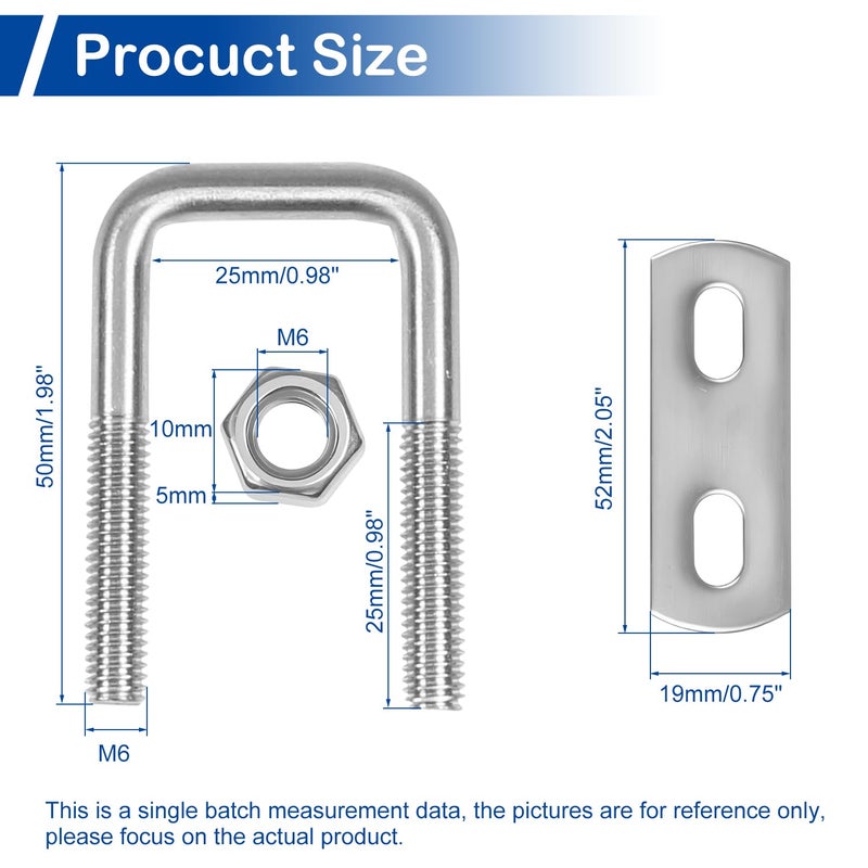 MroMax 6Pcs Square U-Bolts 1 Inch Inner Width, M6 x 25 x 50mm 304 Stainless Steel U Bolts with Frame Plates and Nuts, 2 Inch Length Mini Metal U Bolt for for Camper Trailer Marine Boat - Image 3